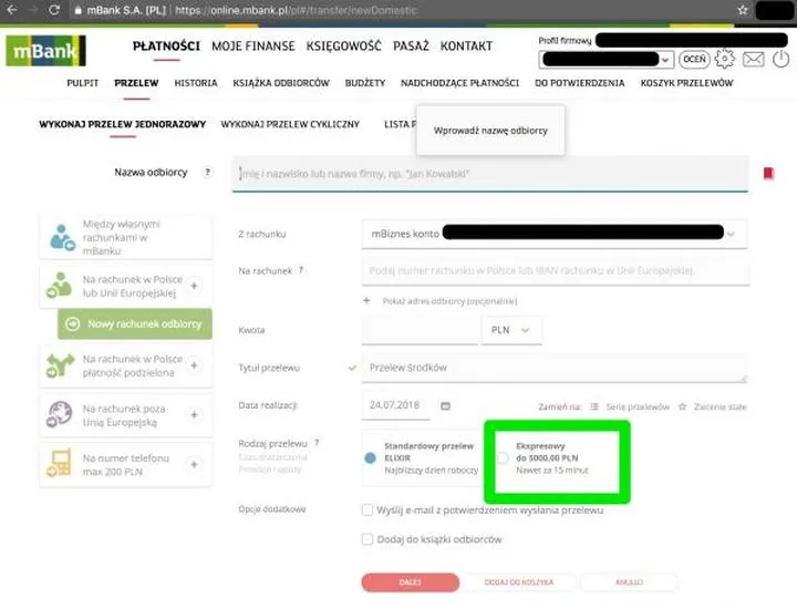 Czas przelewu mBank WBK